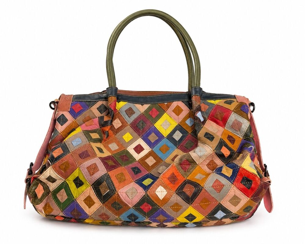 AmeriLeather Willis Geometric Patchwork Multicolor Leather Shoulder Bag